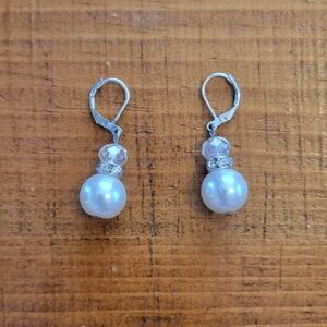 White Faux Pearl Beaded Dangle Earrings Silver Tone